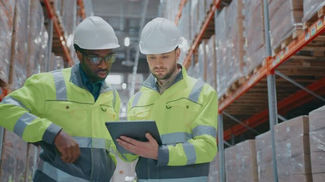 Team of two warehouse specialists reviewing data on tablet while standing between packed racks. African American engineer pointing at screen. Concentrated colleague reading information attentively. - Powered by Adobe