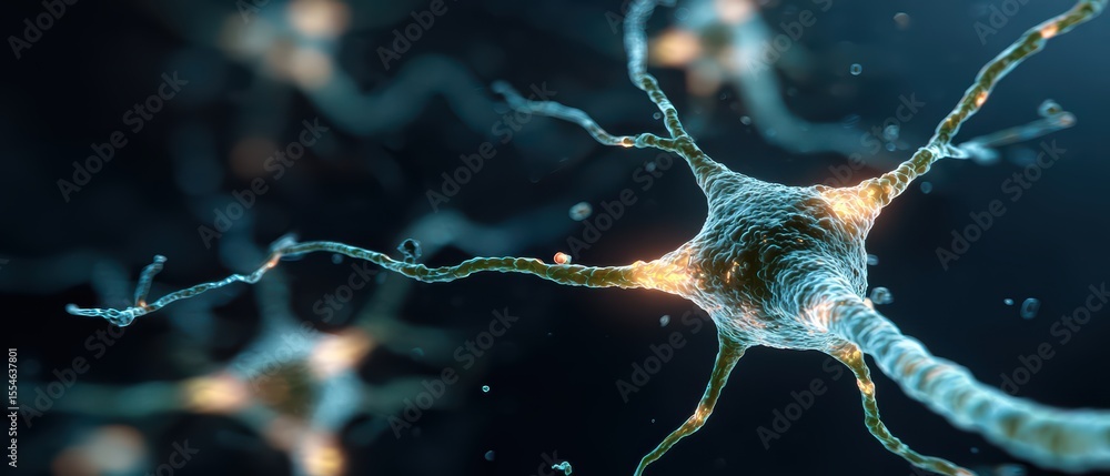 Poster detailed close-up view of a neuron cell with synapses and glowing connections in a scientific visual