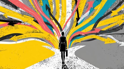 A Woman Standing at a Crossroads Surrounded by Colorful Directional Arrows Symbolizing Choices and Opportunities Ahead