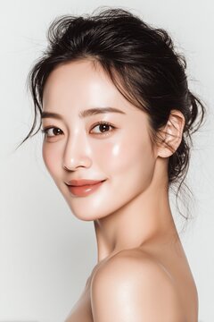 Asian woman with radiant complexion displays beauty and skincare