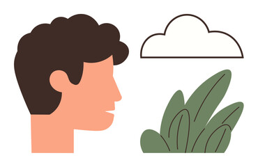 Side profile of a person facing leaves and a cloud, representing nature, thought, or mindfulness. Ideal for mental health, sustainability, meditation, eco-friendly lifestyle, personal growth