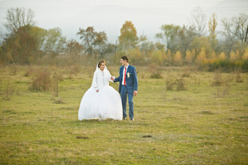 A bride and groom are walking in a field. The bride is wearing a white dress and the groom is...