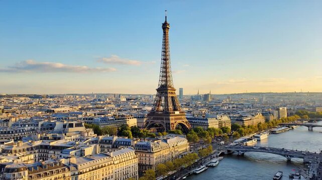 Aerial view of Eiffel Tower and city buildings during sunset