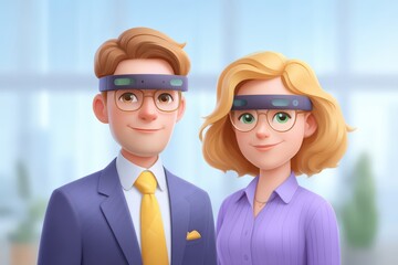 Dynamic professionals showcasing technological adaptation through innovative headgear in a modern office environment expressing creativity and confidence in a digital workspace