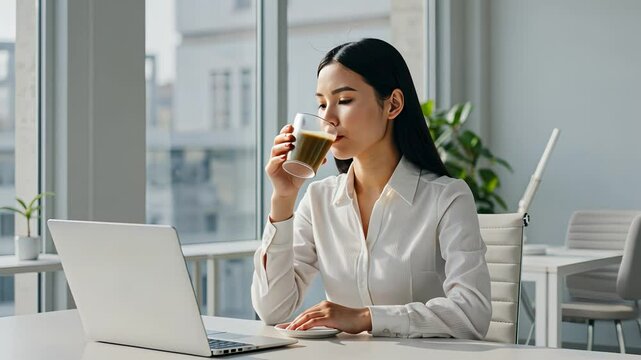 Asian woman drinking from a glass while sitting at a desk with a laptop near a bright window, footage.