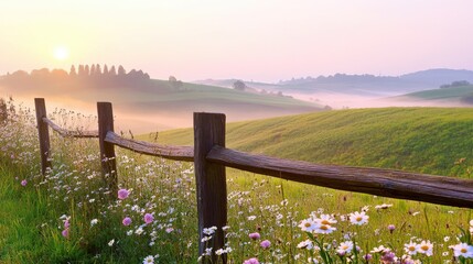 Rustic wooden fence at sunrise over rolling hills.