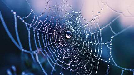 Celebrate awe-inspiring artistry of a spiderweb adorned with a glistening dewdrop, showcasing intricate strands, sparkling droplet, and enchanting symbiosis between arachnid and its surroundings