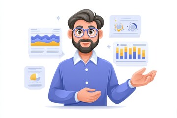 Analytical gentleman presenting engaging visual data insights showcasing positive growth trends and strategic planning concepts with an expression of confidence and professionalism
