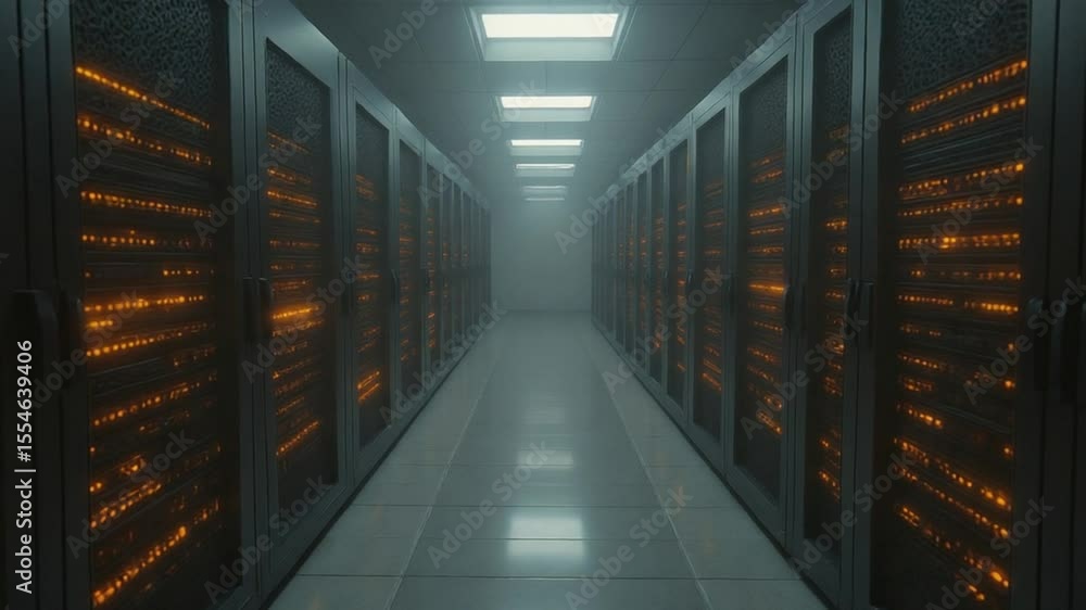 Poster data servers operating in dark server room with dim lighting