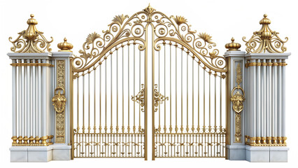 Ornate gold and white metal gate with decorative scrollwork and columns isolated on a transparent background