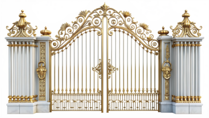 Ornate gold and white metal gate with decorative scrollwork and columns isolated on a transparent background