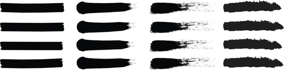 Grunge brush stroke vector set featuring hand-drawn paint textures, dirty grunge elements, rectangular banners, and text boxes. Includes a variety of painted strokes in different lengths and shapes