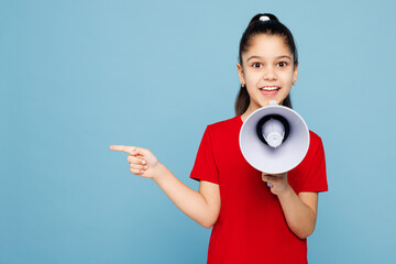Little child kid girl 8-9 years old wears red t-shirt hold in hand megaphone scream announces sale...