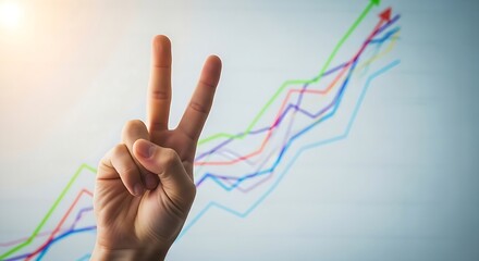 Victory in business shown with hand gesturing a peace sign in front of an upward trending graph representing growth.