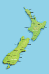 3D topographic map of New Zealand with clear city names, green terrain for land elevation, ocean in light blue, all major cities labeled in a clean sans-serif font. View from above at a slight angle