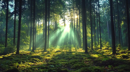 Awakening Morning Scene: Vibrant Tree Silhouettes Against a Warm Sunset Sky with Intense Sunlight Filtering Through Leaves and Branches on a Serene Natural Background