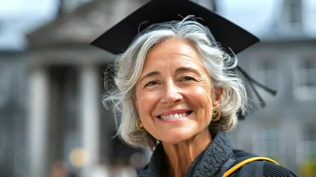  Retrato de una mujer mujer senior mayor de 55 a&ntilde;os con birrete y toga de graduacion, feliz sonriendo en el exterior de la universidad por haber tenido exito en el curso educativo