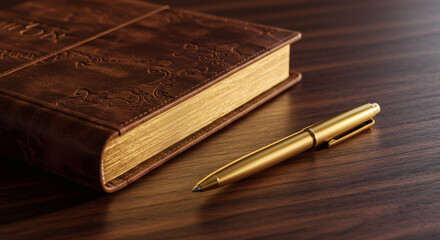 Luxurious Gold Pen and Brown Leather Journal on Wooden Desk Elegant Writing and Note Taking Concept