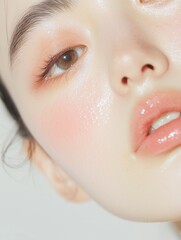Dewy skin highlighted with soft peach tones creating a luminous beauty look
