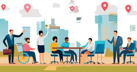 Vector scene showcasing diverse and inclusive business team collaborating together. Features different genders, ethnicities & accessibility symbols. Perfect for equality and corporate culture themes.