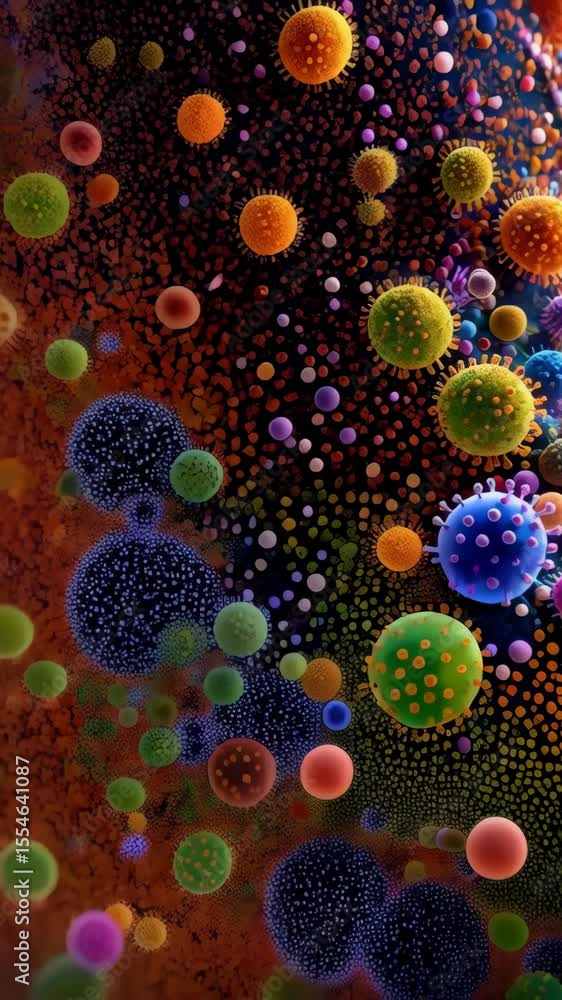 Poster abstract digital rendering showcasing colorful viruses, microorganisms, and pathogens with intricate