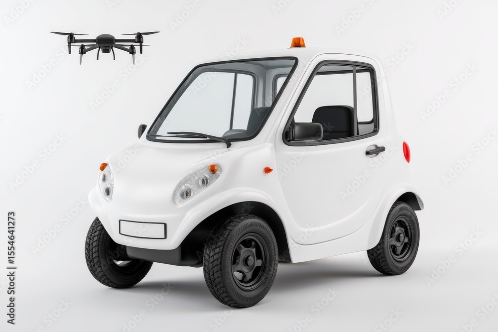 Poster compact electric vehicle showcased alongside a technologically advanced drone blending futuristic mo