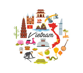 travel to vietnam culture elements landmarks food round infographic banner map flag of country ho chi minh mausoleum pho noodle soup saigon cathedral cartoon illustration
