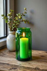 Green Candle in Glass Holder on Wooden Table