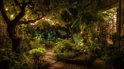 Fototapeta premium Night Backyard Illumination. Garden Lighting for Gardening Enthusiasts