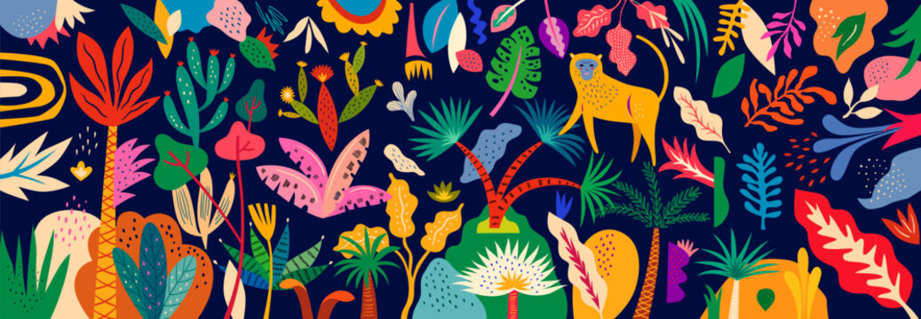 Vector colorful illustration with tropical flowers, leaves, monkey. Brazil tropical pattern.	