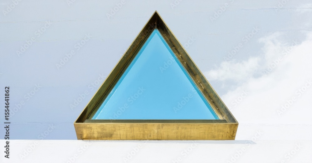 Poster minimalist triangular structure. gold frame contains blue water reflecting sky. clean lines, simple 