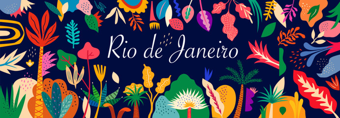 Obraz na płótnie Canvas Vector colorful illustration with tropical flowers, leaves. . Brazil tropical pattern. 
