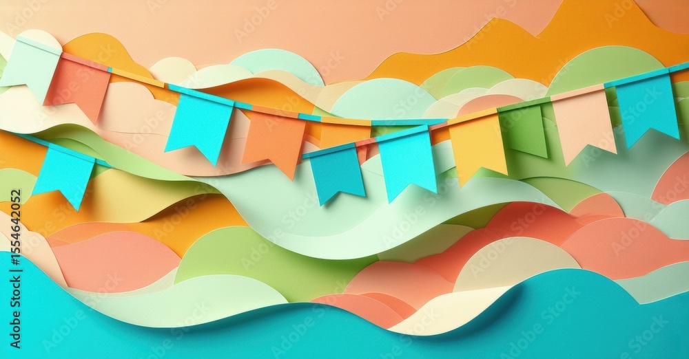 Aufkleber colorful paper flags hang above wavy layers. bright hues create festive, layered background. soft sh