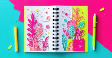 Obraz premium Open notebook displays vibrant floral designs. Pens, paper pieces complement colorful composition. Creative, artistic presentation.