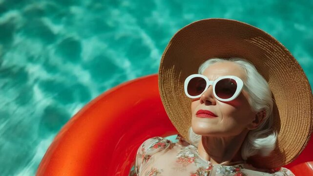 Woman in Red Hat and White Sunglasses Relaxing by Pool in Summer Vacation Setting
