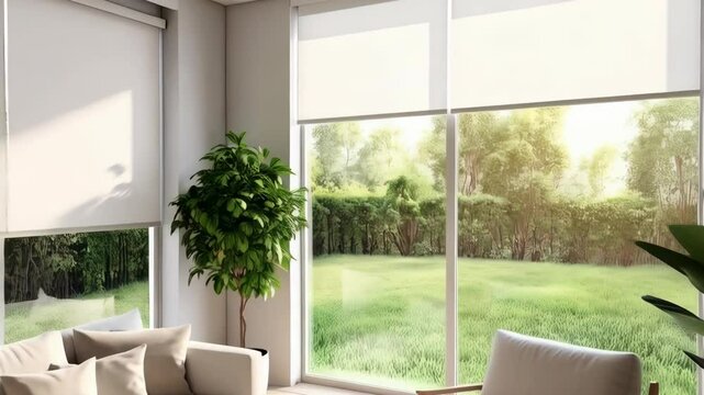 Modern Living Room with Beige Sofa, Chair, Large Windows, and Greenery Overlooking Landscaped Backyard