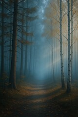 静寂に包まれた霧の森と差し込む光の幻想的な風景