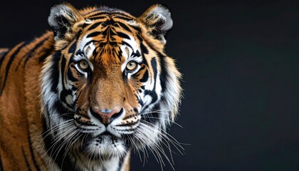 Fototapeta premium Majestic tiger gazing intensely against a dark background, showcasing its striking features and colors