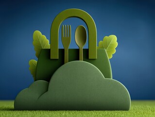 Innovative eco-friendly food packaging featuring sustainable design elements with fork and spoon composition accented by plant motifs showcasing a commitment to environmental consciousness