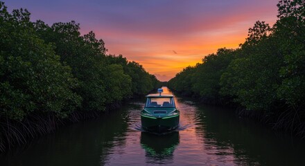 Boat on waterway at sunset