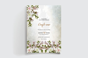 WEDDING INVITATION FRAME WITH FLOWER DECORATIONS AND FRESH LEAVES