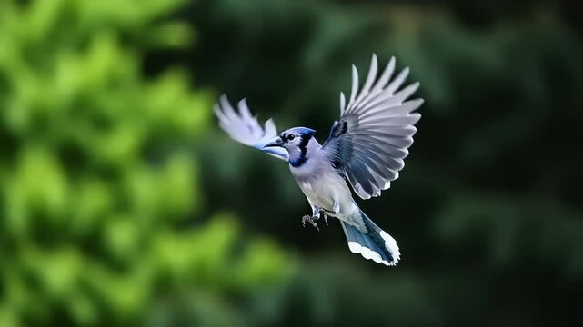 A vibrant blue jay in mid-flight against a blurred green background, showcasing its natural beauty