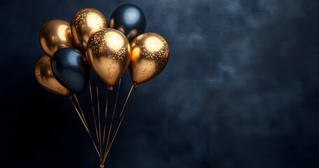 Elegant Gold and Black Balloons Against a Dark Textured Backgrou