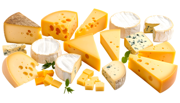 Diverse selection of cheese varieties including cheddar swiss gouda brie and parmesan in various shapes and textures