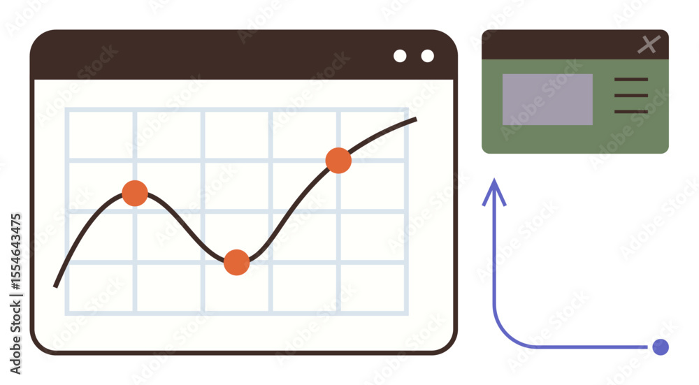 Poster line graph with data points showing upward trend in a browser window, minimalist popup window, and a