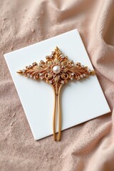 Gold and Pearl Ornate Hair Pin on Beige Fabric