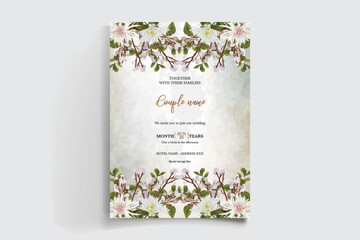 WEDDING INVITATION FRAME WITH FLOWER DECORATIONS AND FRESH LEAVES