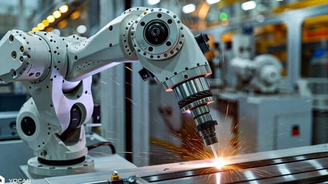 white robotic arm expertly maneuvering CNC machinery in a bustling factory environment