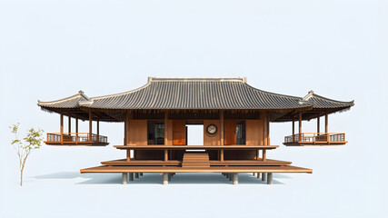 Traditional wooden pavilion with tiled roof architecture