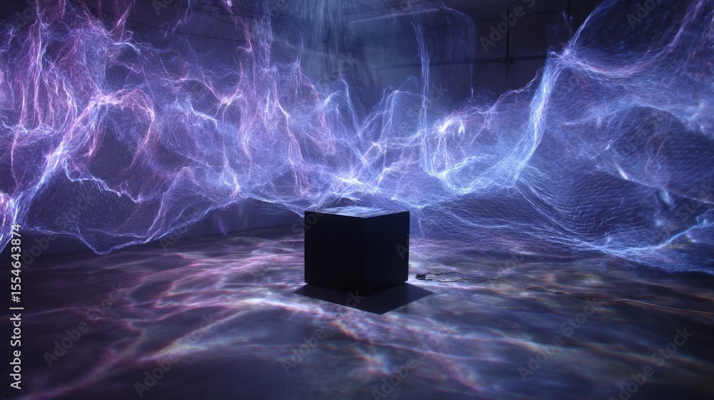 Poster a cube is floating in a room with purple and blue lights. the cube is surrounded by a lot of light a